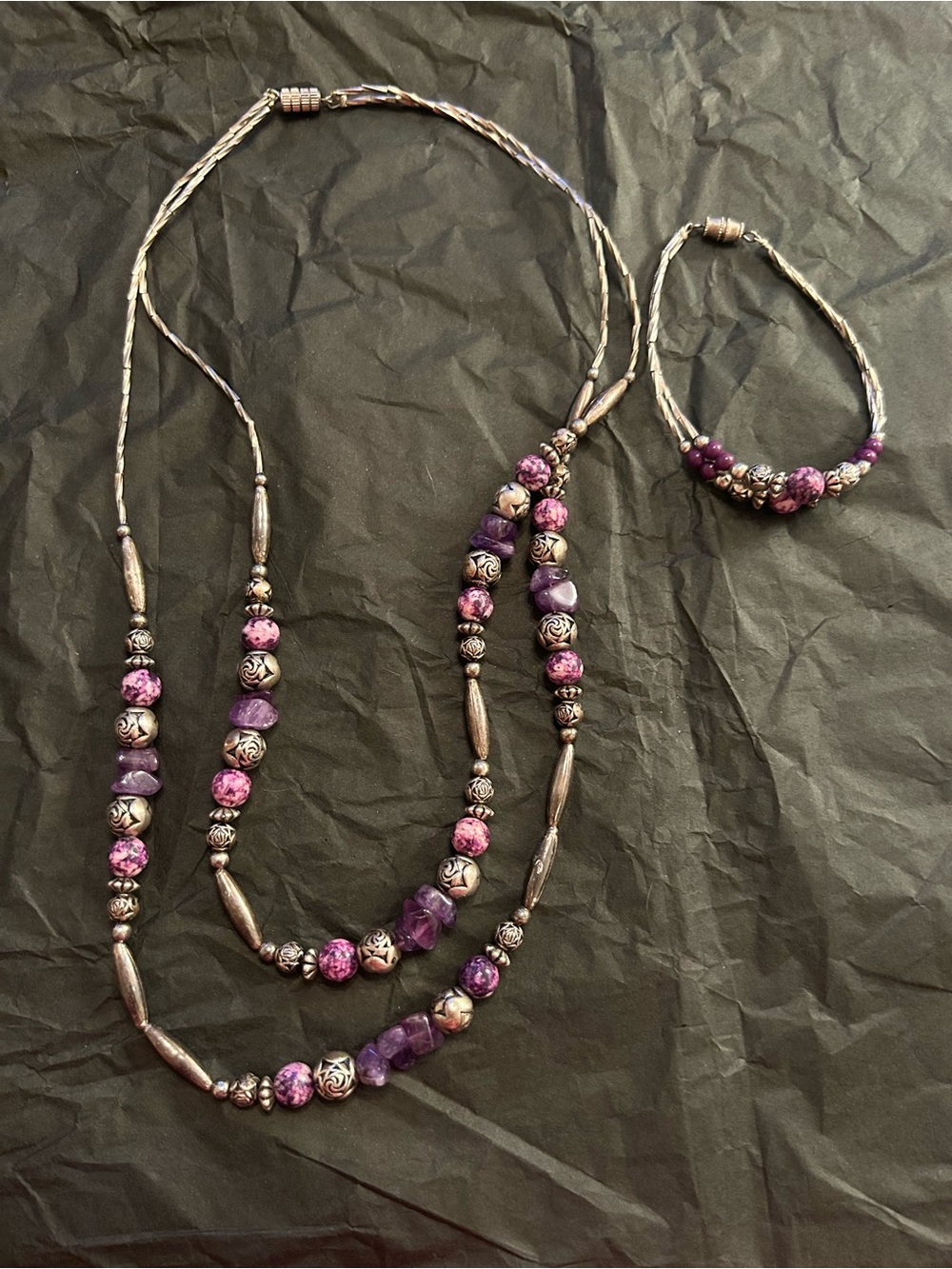 Purple Beaded Necklace and Bracelet Set